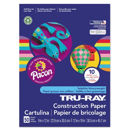 Pacon Tru-Ray Construction Paper, 76 lb Text Weight, 9 x 12, Assorted Bright Colors, PK50 102940